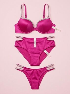 NWT Victoria's Secret Fuchsia Silver Rhinestone Three-Piece Bikini Swim Set 36DD